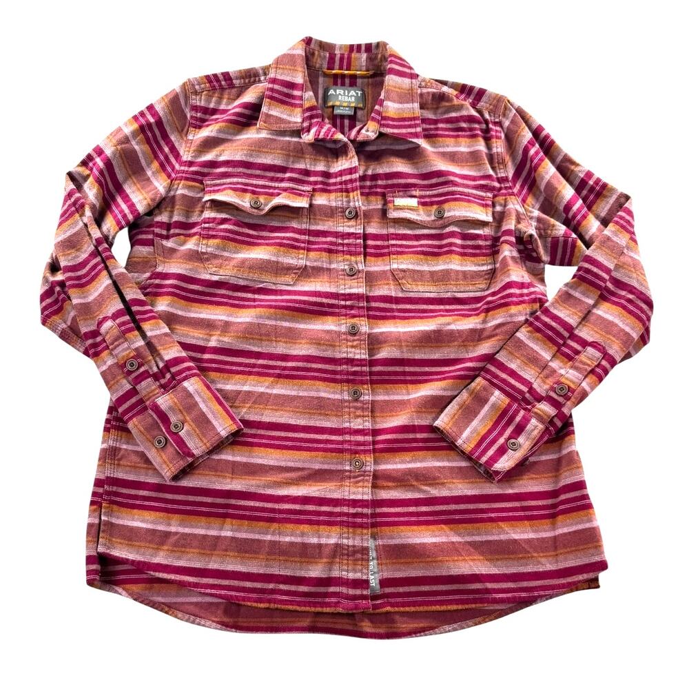 Ariat DuraStretch Rebar Flannel Work Shirt Womens M Pink Striped Button Up Top